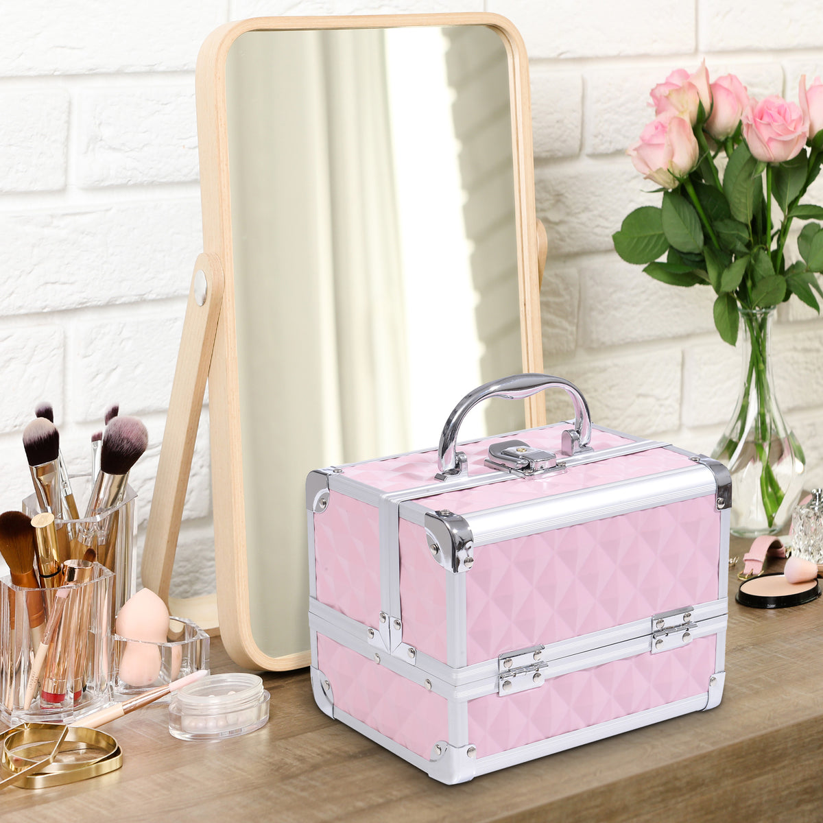 Estojo de Maquilhagem Organizador Cosméticos Profissional Estojo de Maquilhagem Portátil com Fecho e Vários Compartimentos 20x15x15 cm Rosa — foto 2