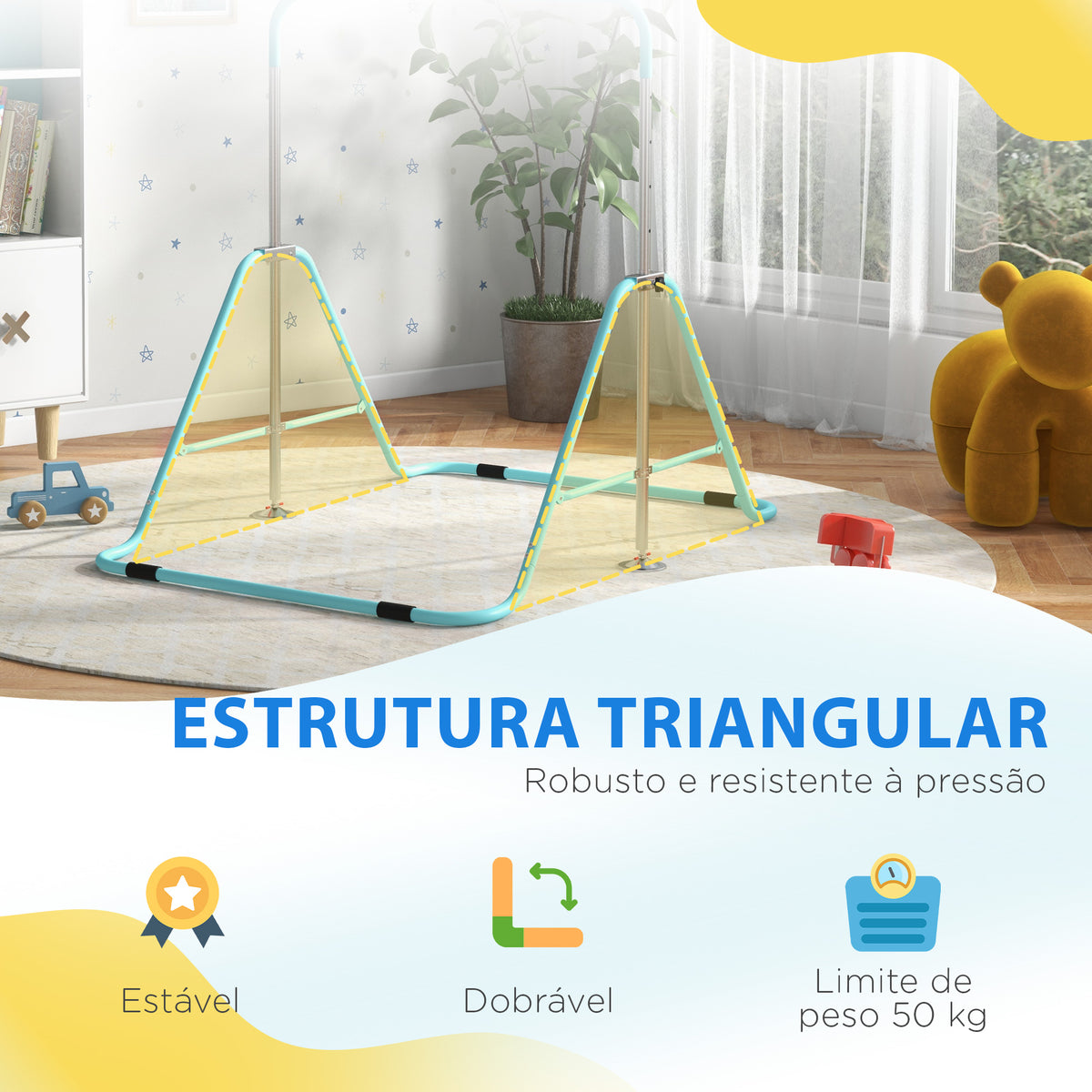 Barra de Ginástica Artística Barra Horizontal Dobrável com Altura Ajustável Equipamento de Ginástica para Treino em Casa para Crianças 154x106,2x88,5-128,5 cm Azul Celeste — foto 7