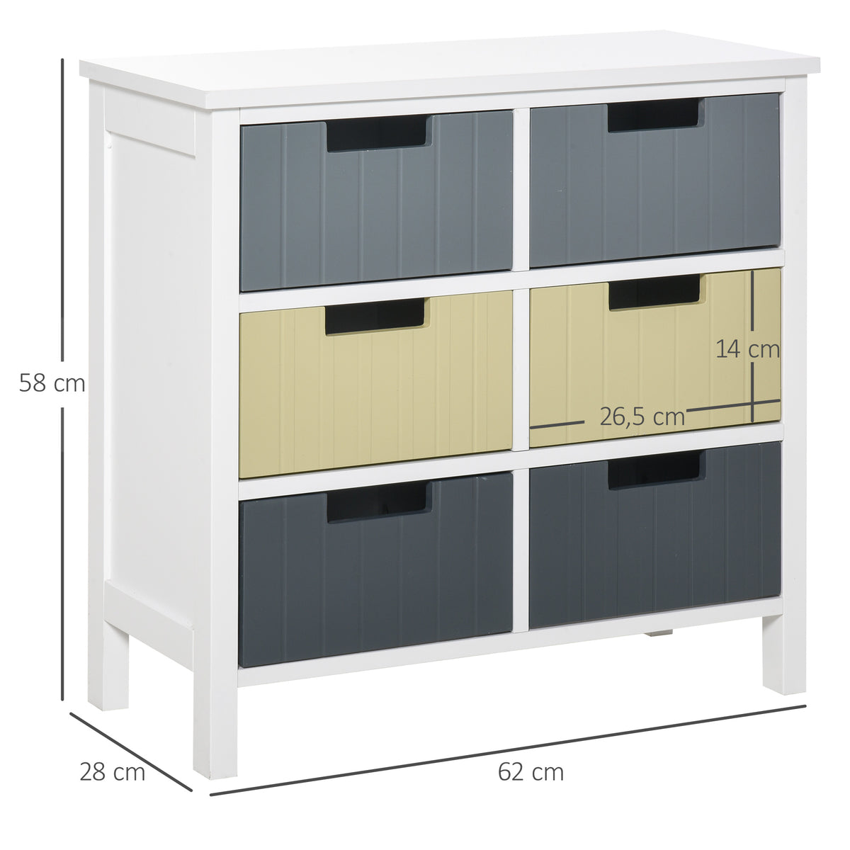 Cómoda de Madeira com 6 Gavetas Cómoda Auxiliar de Armazenamento com Pés Elevados Estilo Moderno para Dormitórios Sala de Estar Casa de Banho 60x28x58cm Multicor — foto 3