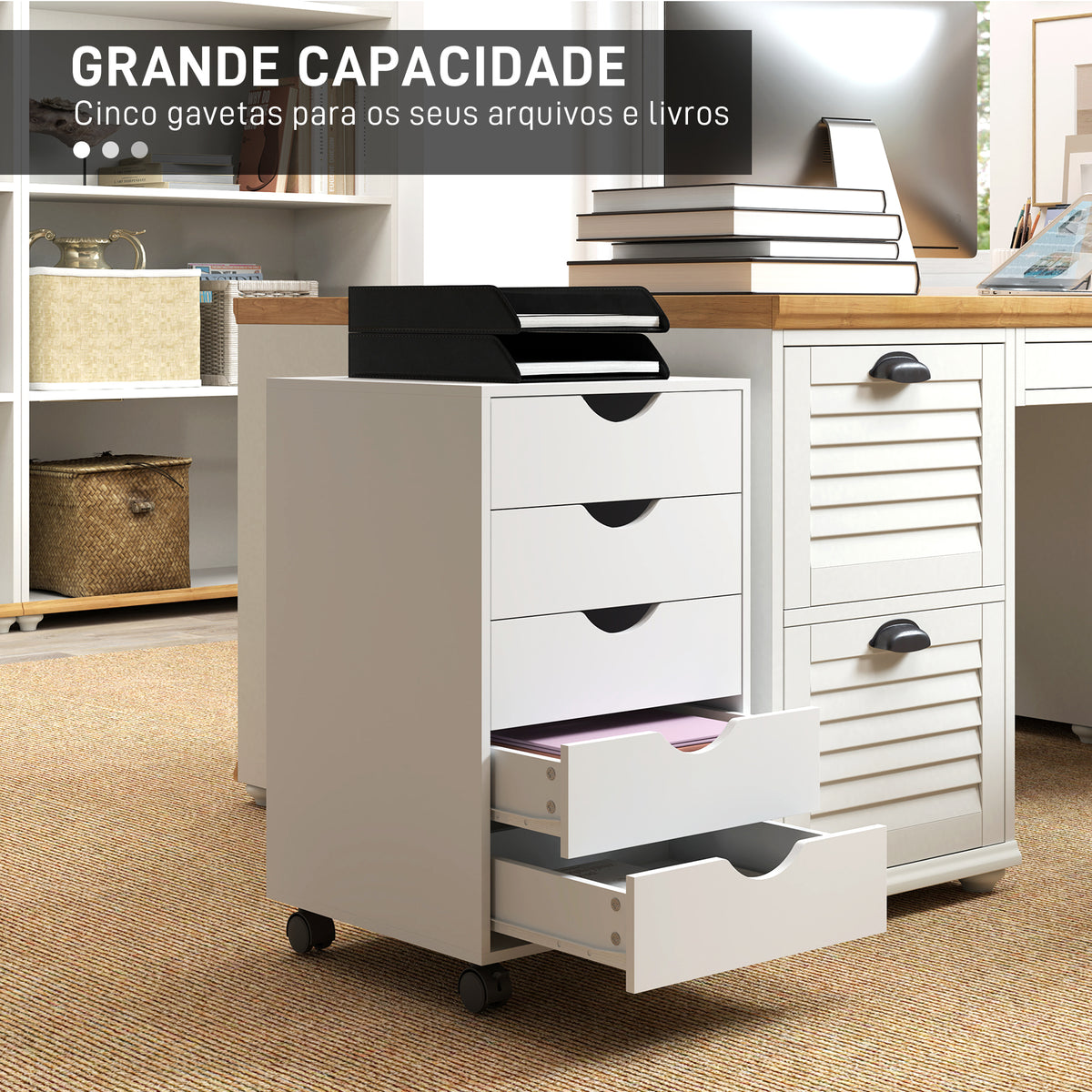 Bloco de Gavetas com Rodas Bloco de Gavetas para Escritório com 5 Gavetas Arquivador Móvel para Escritório 40x40x67 cm Branco — foto 4
