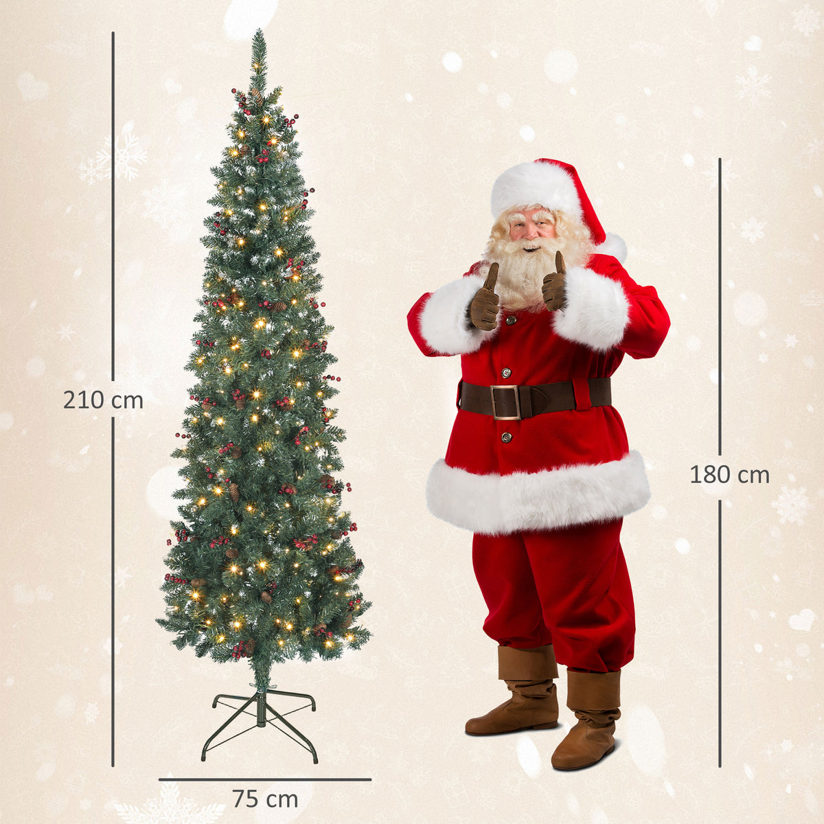 Árvore de Natal Slim 210 cm Árvore de Natal Artificial com Luzes LED Branco Quente 8 Modos de Iluminação 656 Ramos com Purpurina Prateada Pinhas Bagas e Suporte Metálico Verde — foto 3