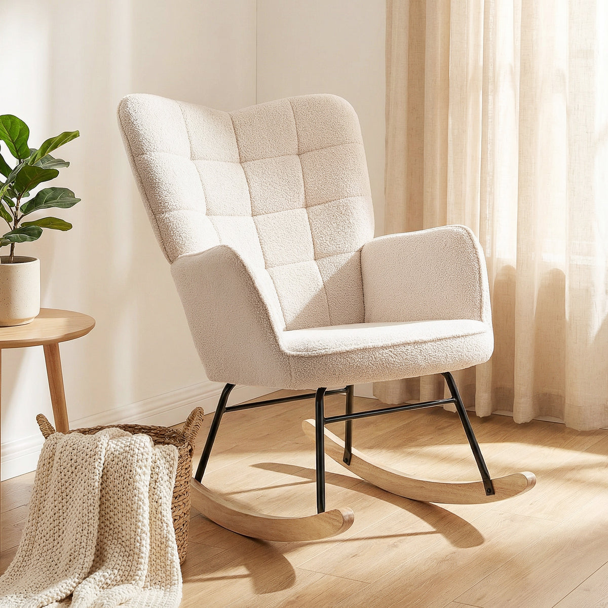 Poltrona Baloiço Poltrona de Sala de Estar Oscilação de 40° com Pés de Madeira de Faia e Estrutura de Aço para Dormitório Carga Máxima 120 kg 71x98x101 cm Bege — foto 1