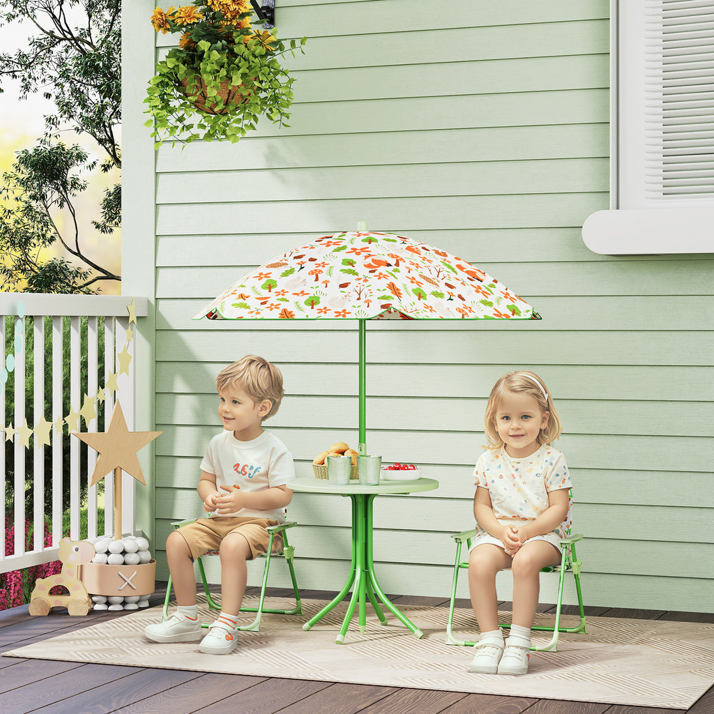Conjunto de Mesa e Cadeiras para Crianças de Jardim Mesa Infantil com Cadeiras Dobráveis Chapéu de Sol Ajustável e Desenho de Raposas para Pátio Piquenique Verde — foto 2