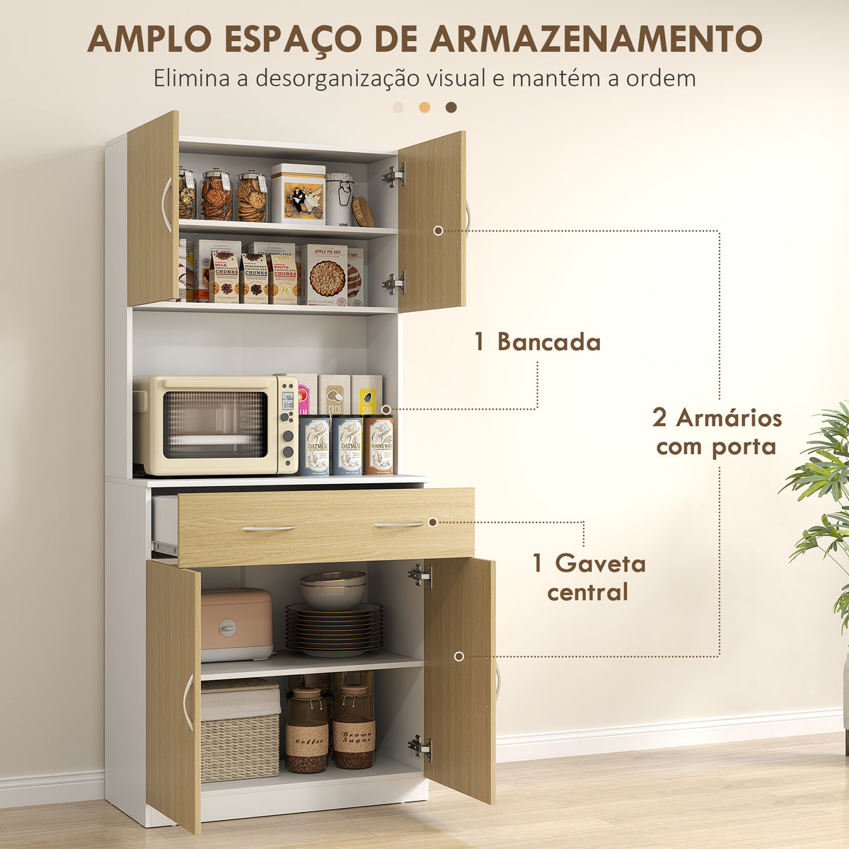 Armário de Cozinha com Gaveta 4 Portas e Prateleiras Interiores Ajustável em Altura Móvel Auxiliar de Armazenamento Moderno para Sala de Jantar Sala de Estar 80x40x180 cm Madeira e Branco — foto 4