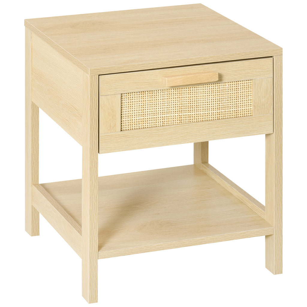 Mesa de cabeceira em malha Mesa lateral com gaveta e prateleira inferior em DM e vime para quarto Sala 40x40x48 cm Cor madeira — foto 1