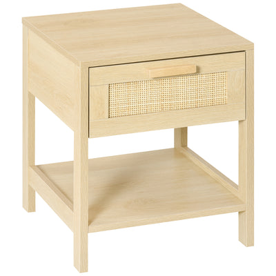 Comodino in vimini Tavolino con cassetto e ripiano inferiore in MDF e vimini per camera soggiorno 40x40x48 cm Colore legno