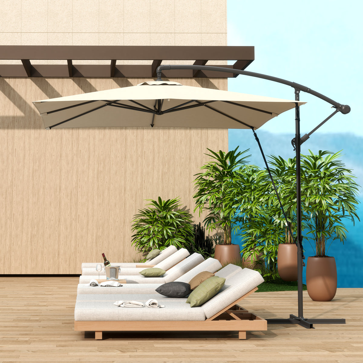 Chapéu de Sol Excêntrico 247x247 cm Chapéu de Sol de Jardim com Base Cruzada Capa Ajustável Manivela Capa Protetora e Corda de Vento Anti-UV 50+ Chapéu de Sol para Varanda Caqui — foto 2
