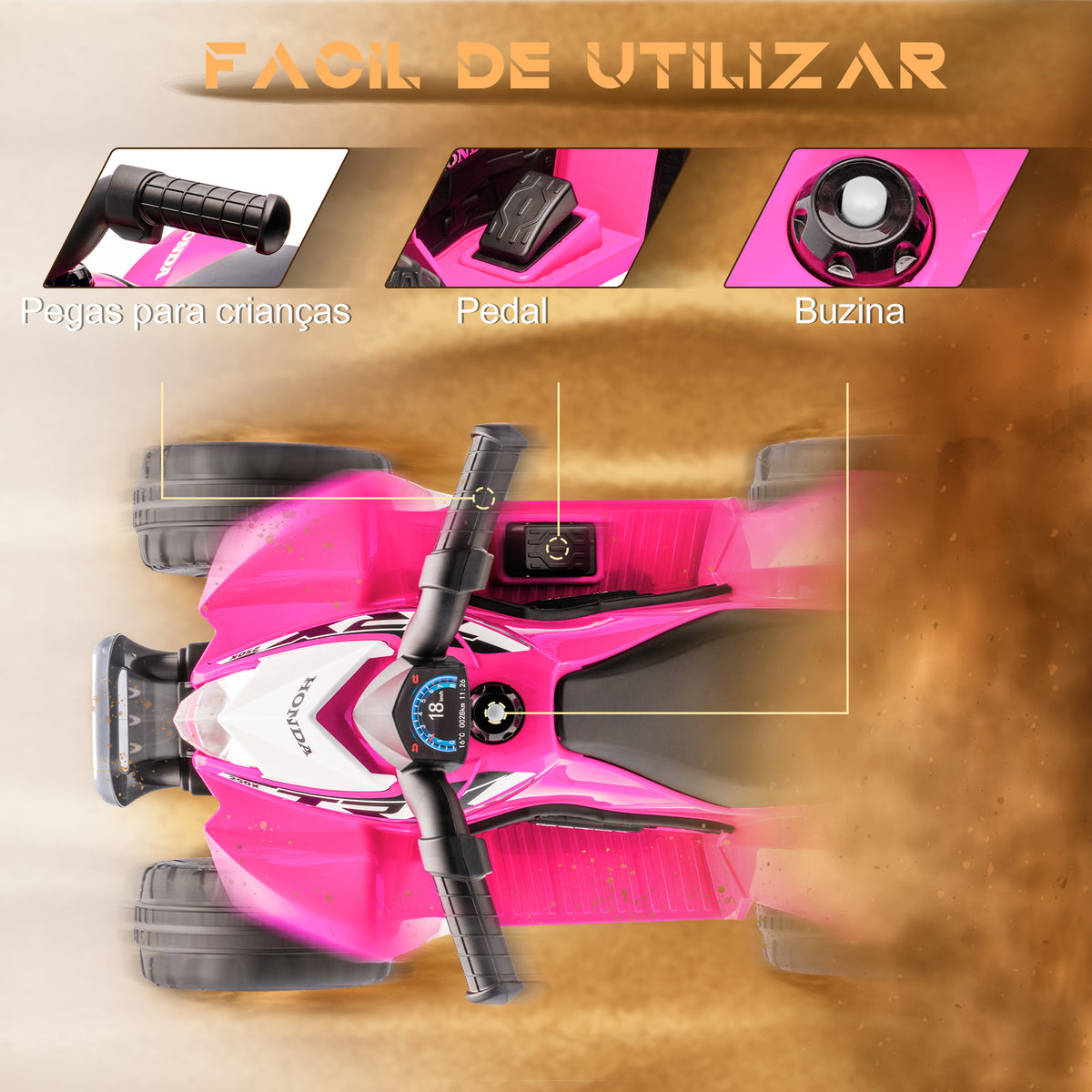 Quadriciclo Elétrico HONDA para Crianças de 18-36 Meses Quadriciclo Elétrico Infantil a Bateria 6V com Faróis LED Buzina Velocidade de 2,8km/h e Avance 65,5x35,5x43,5cm Rosa — foto 5