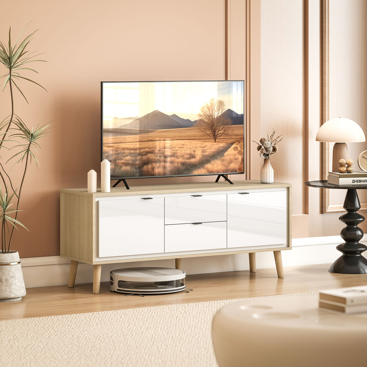 Móvel de TV Moderno de 2 Portas Móvel TV para Sala com 2 Gavetas Orifícios Passa-Cabos Prateleiras Removíveis e Ajustáveis para Televisão 55 Polegadas 120x35x50 cm Branco Brilho e Carvalho — foto 2