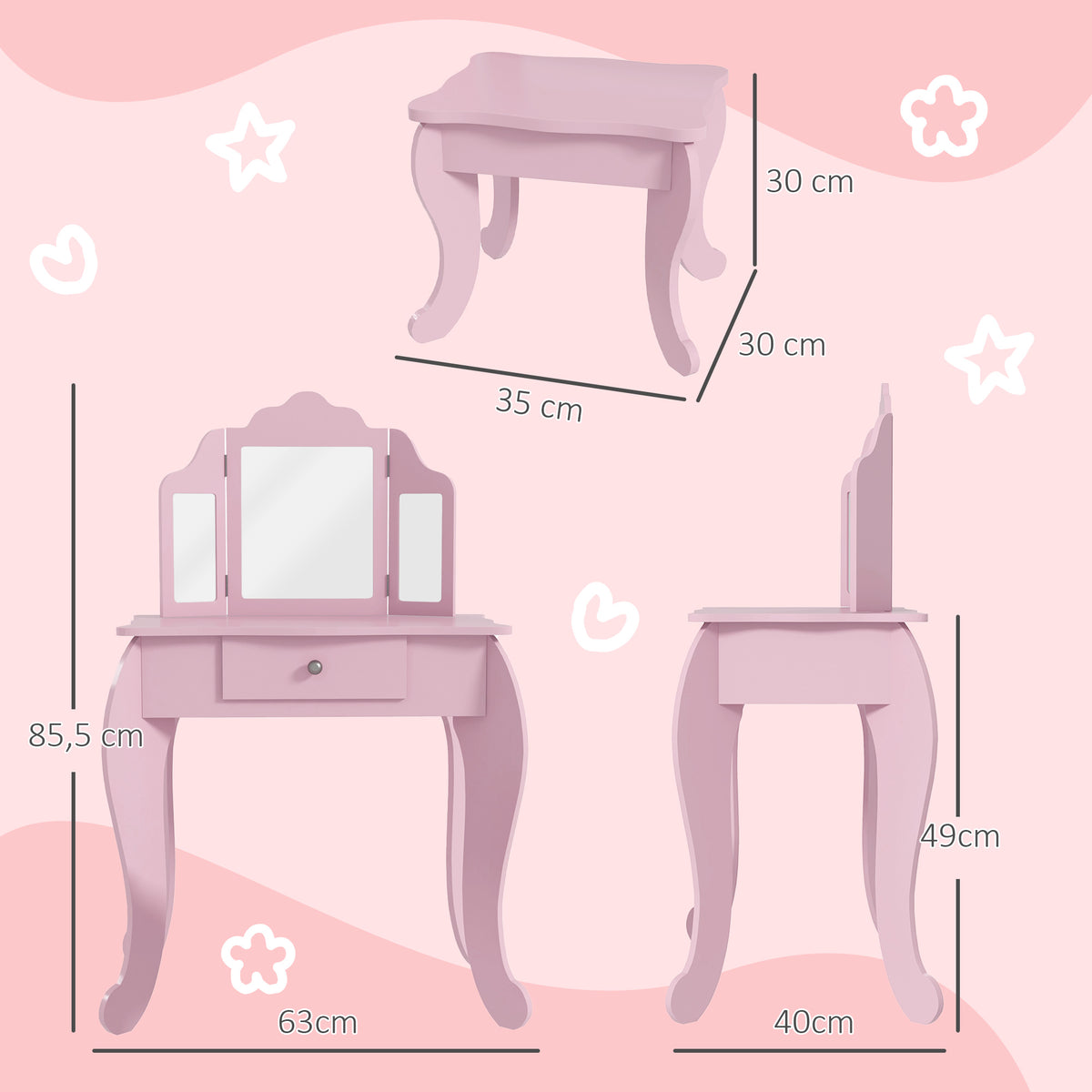 Toucador Infantil de Madeira com Banco e Espelho de Acrílico de 2 Seções Mesa de Maquilhagem Infantil com Gaveta para Dormitório Sala de Jogos 63x40x85,5 cm Rosa — foto 3
