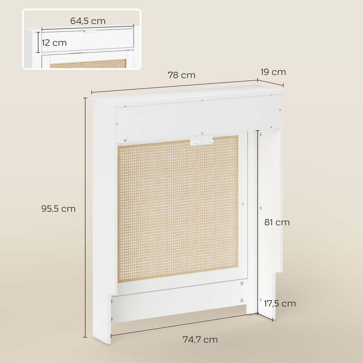 Cobertura para Radiador com Porta Rebatível e Vime Proteção Radiador de MDF 78x19x95,5 cm com Compartimento Desenho Boémio para Sala Quarto Branco — foto 3