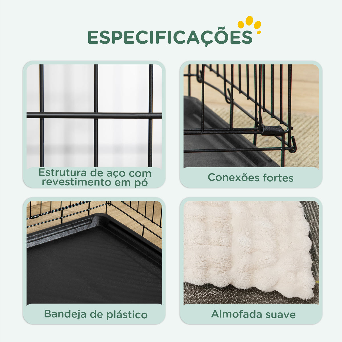 Gaiola para Cães com Almofada Gaiola para Animal de Estimação Dobrável com 2 Portas Alça de Transporte Bandeja Removível Aço 60x40x50 cm Preto e Bege — foto 4