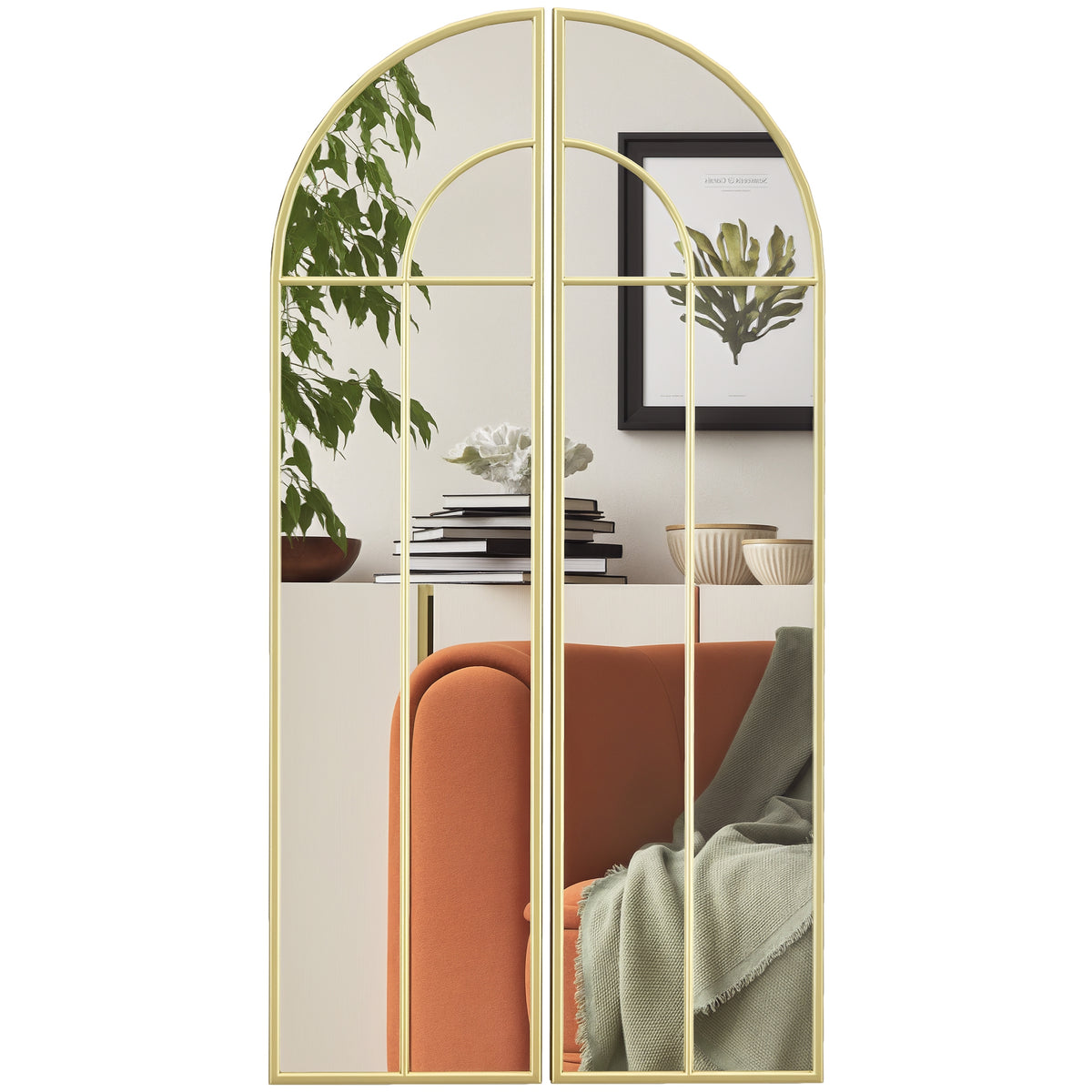 Espelho Decorativo de Parede com 2 Peças 30x120 cm Espelho em Forma de Arco e Estrutura de Metal Espelho para Sala de Estar Dormitório Entrada Dourado — foto 1
