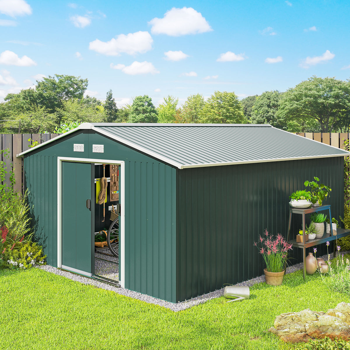 Abrigo de Jardim Metálico 340x386x200cm Abrigo de Exterior para Armazenamento de Ferramentas com Base de Reforço Incluida 4 Janelas de Ventilação e Porta Corredeira Verde — foto 2