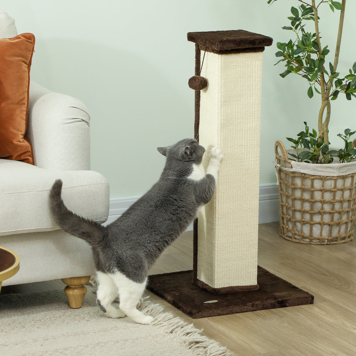 Poste Arranhador para Gatos Altura 81 cm Arranhador para Gatos com Poste de Sisal e Bola Suspensa 41x41x81 cm Marrom e Creme — foto 2