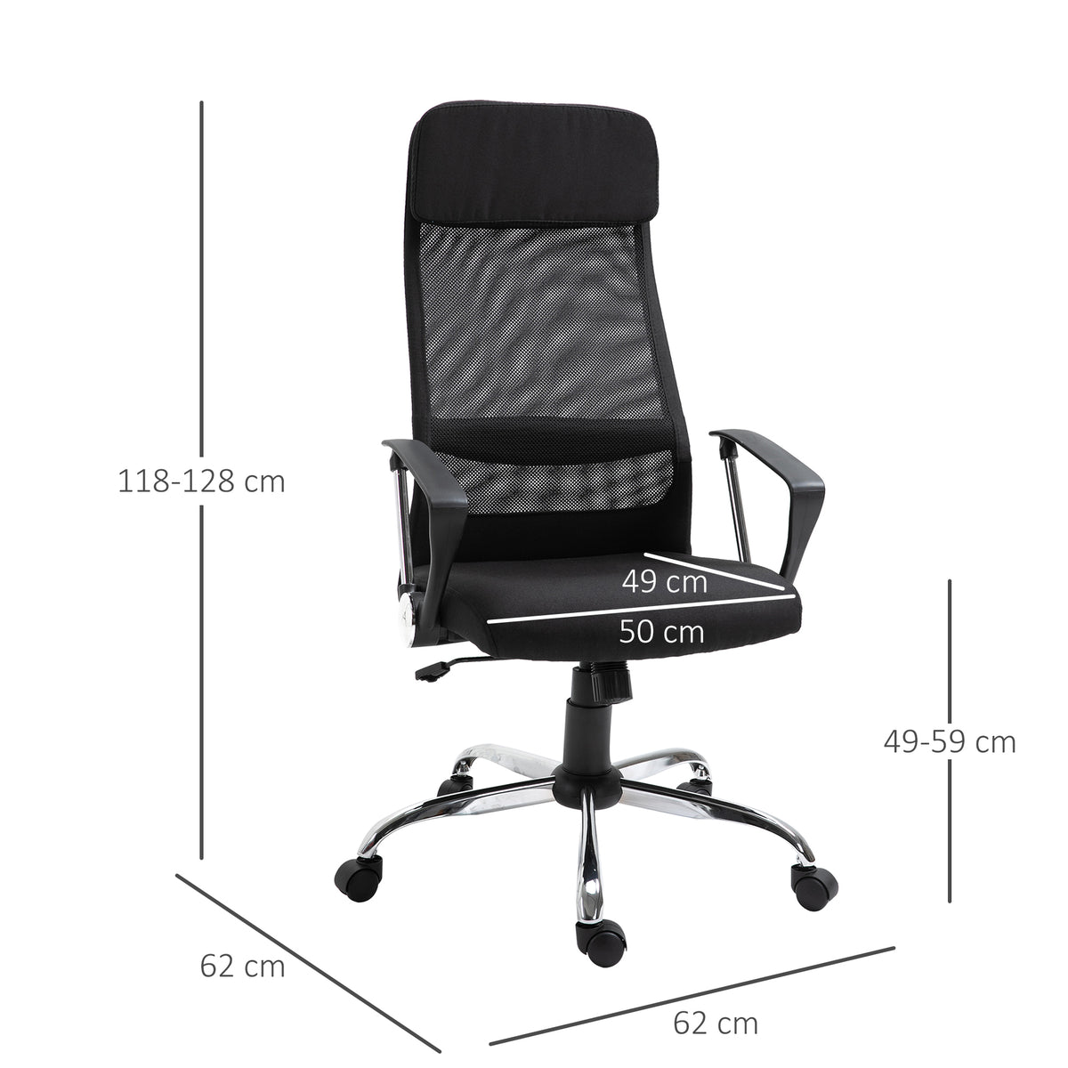 Cadeira de escritório ergonômica giratória e basculante com altura de assento ajustável 62x62x118-128 cm Preto — foto 3