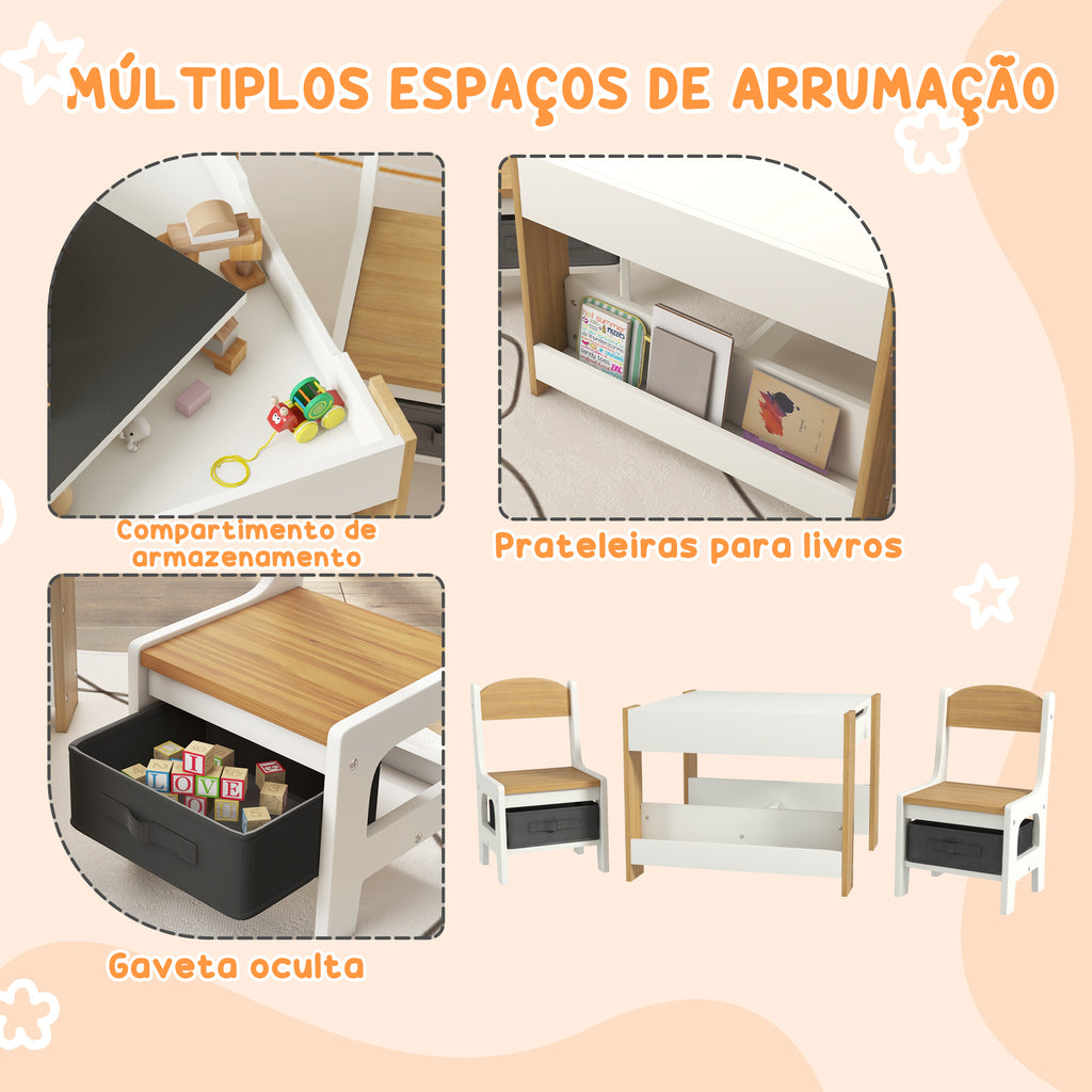 Conjunto de Mesa e 2 Cadeiras Infantis Mesa com Cadeiras para Crianças 2 em 1 com Ardósia Gavetas de Tecido e Espaço de Armazenamento para Quarto Sala de Jogos Cinza — foto 6