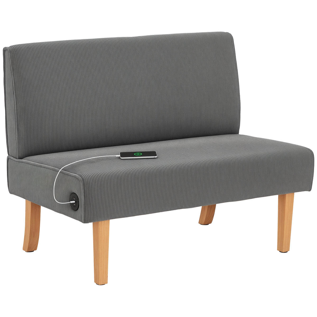 Sofá de 2 Lugares Estofado em Veludo Cotelê Sofá Sala de Estar sem Apoio para os Braços com 2 Entradas USB 1 Entrada Tipo C e Pés de Madeira Sofá Pequeno Carga 240 kg 110x60x85 cm Cinza — foto 1