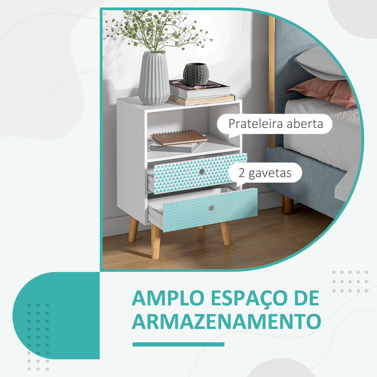 Mesa de Cabeceira com 2 Gavetas e Prateleira Aberta Mesa de Cabeceira Multiuso 45x30x65 cm Branco e Azul — foto 5