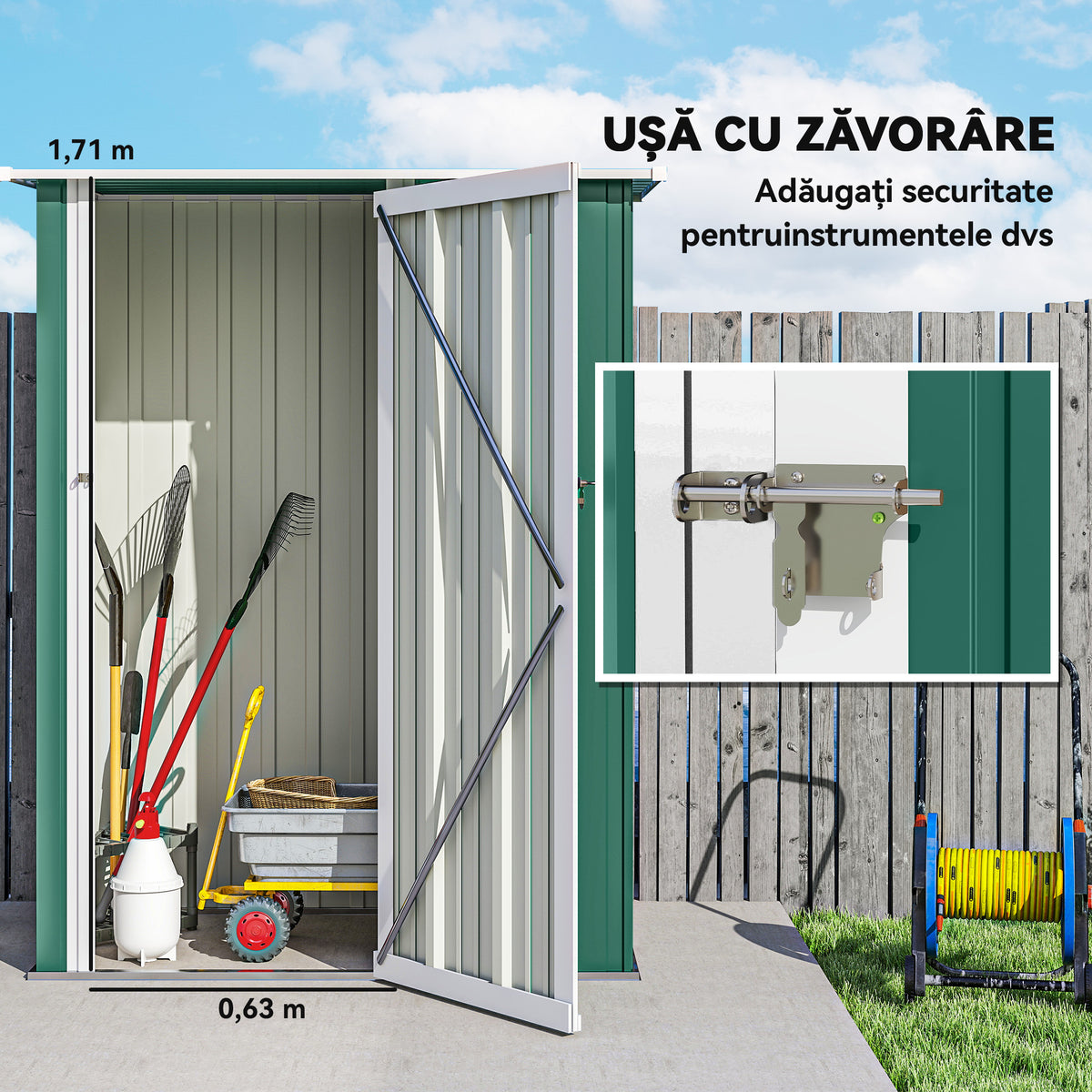 Abrigo de Jardim 142x84x189cm Abrigo de Jardim de Aço Galvanizado com Porta Fechadura e Orifícios de Drenagem para Armazenamento de Ferramentas Verde — foto 5
