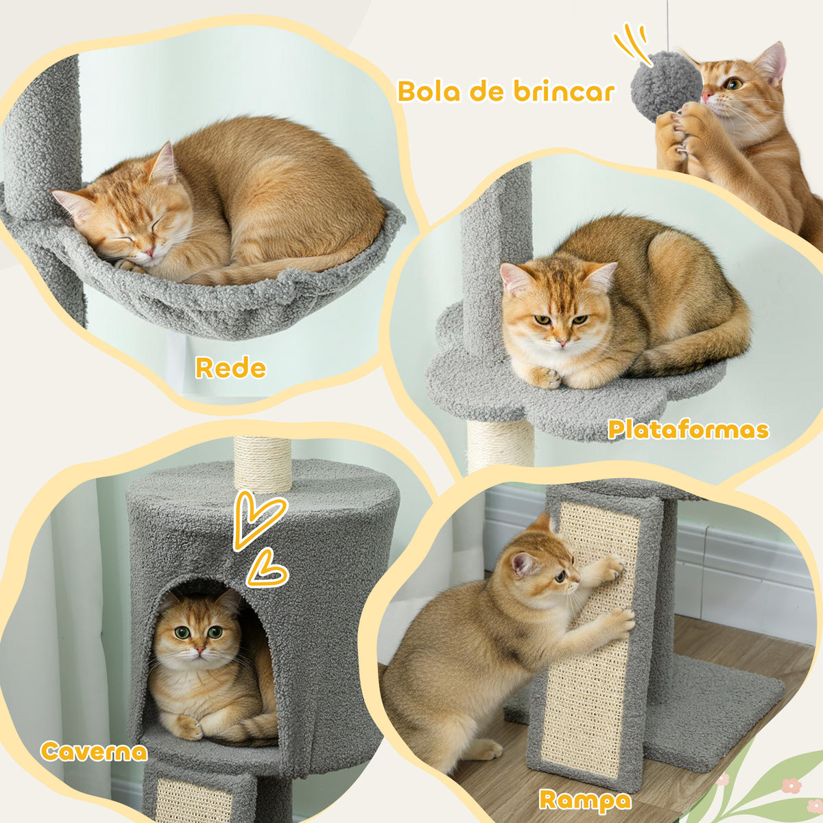 Arranhador para Gatos de Chão a Teto Altura Ajustável de 220-240 cm Torre para Gatos com Rede Plataformas em Flor Cavernas Rampa e Bola Cinza Claro — foto 5
