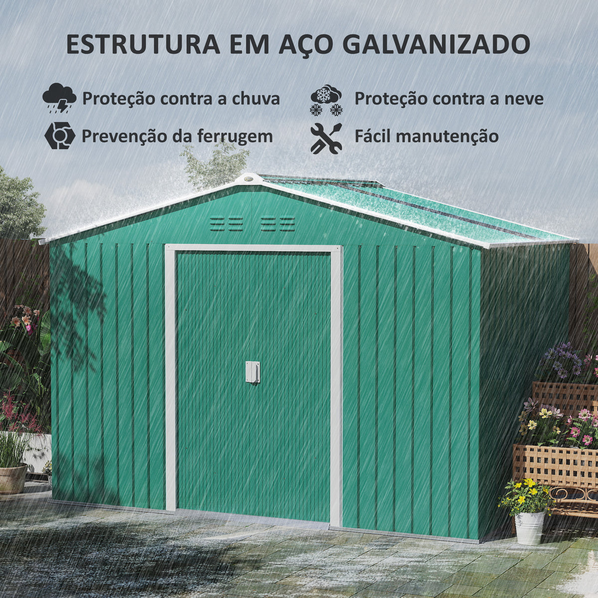 Abrigo de Jardim Exterior 4,9 m² 277x195x192cm Abrigo e Jardim Metálico para Armazenamento de Ferramentas com Base Incluída (Chão não Incluído) e 4 Janelas Verde Escuro - Modelo 1 — foto 4
