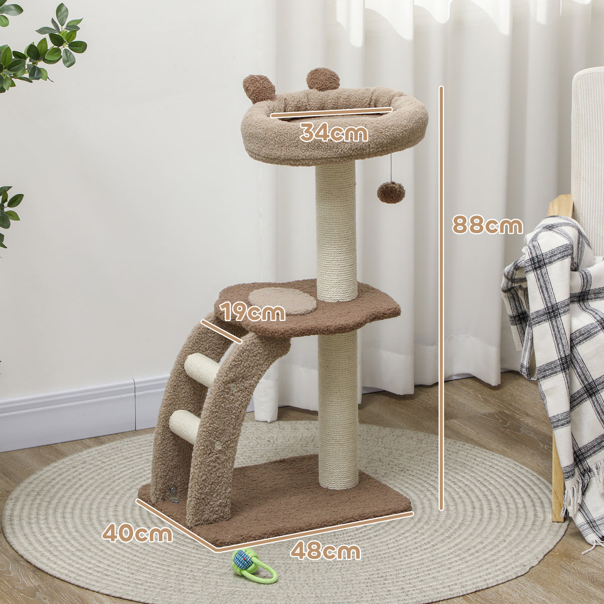Arranhador para Gatos Altura 88 cm Arranhador para Gatos Torre para Gatos com Cama Plataforma Bolsa Suspensa Escada e Poste de Juta 48x40x88 cm Marrom Claro — foto 3