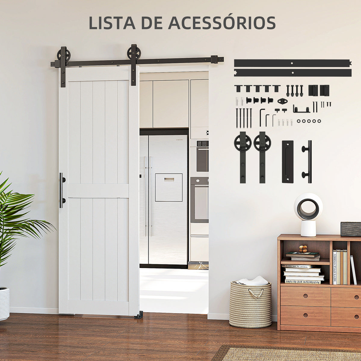 Porta de Correr Celeiro com Ferragens Porta Corredera de Interior com Puxador Rolo e Guia de Chão para Casa de Banho Sala de Estar 71,5x213,4 cm Branco — foto 7