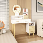 Toucador com Espelho e Luzes LED Ajustáveis Mesa de Maquilhagem Moderna com 5 Gavetas 4 Compartimentos e 1 Prateleira 100x44x137 cm Branco e Madeira — foto 2