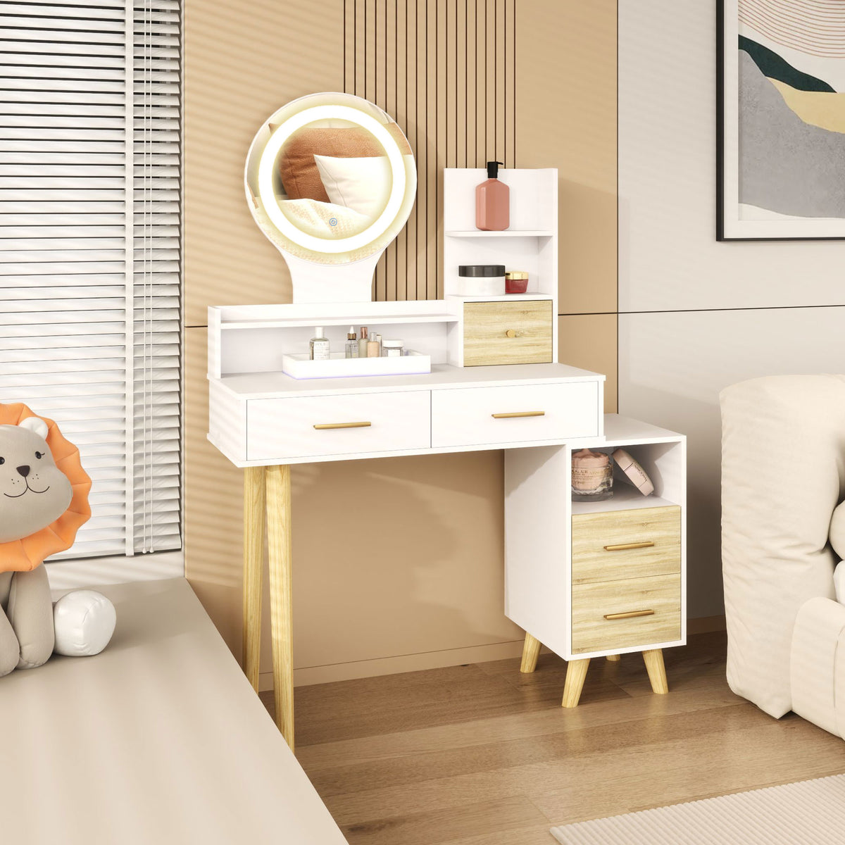 Toucador com Espelho e Luzes LED Ajustáveis Mesa de Maquilhagem Moderna com 5 Gavetas 4 Compartimentos e 1 Prateleira 100x44x137 cm Branco e Madeira — foto 2
