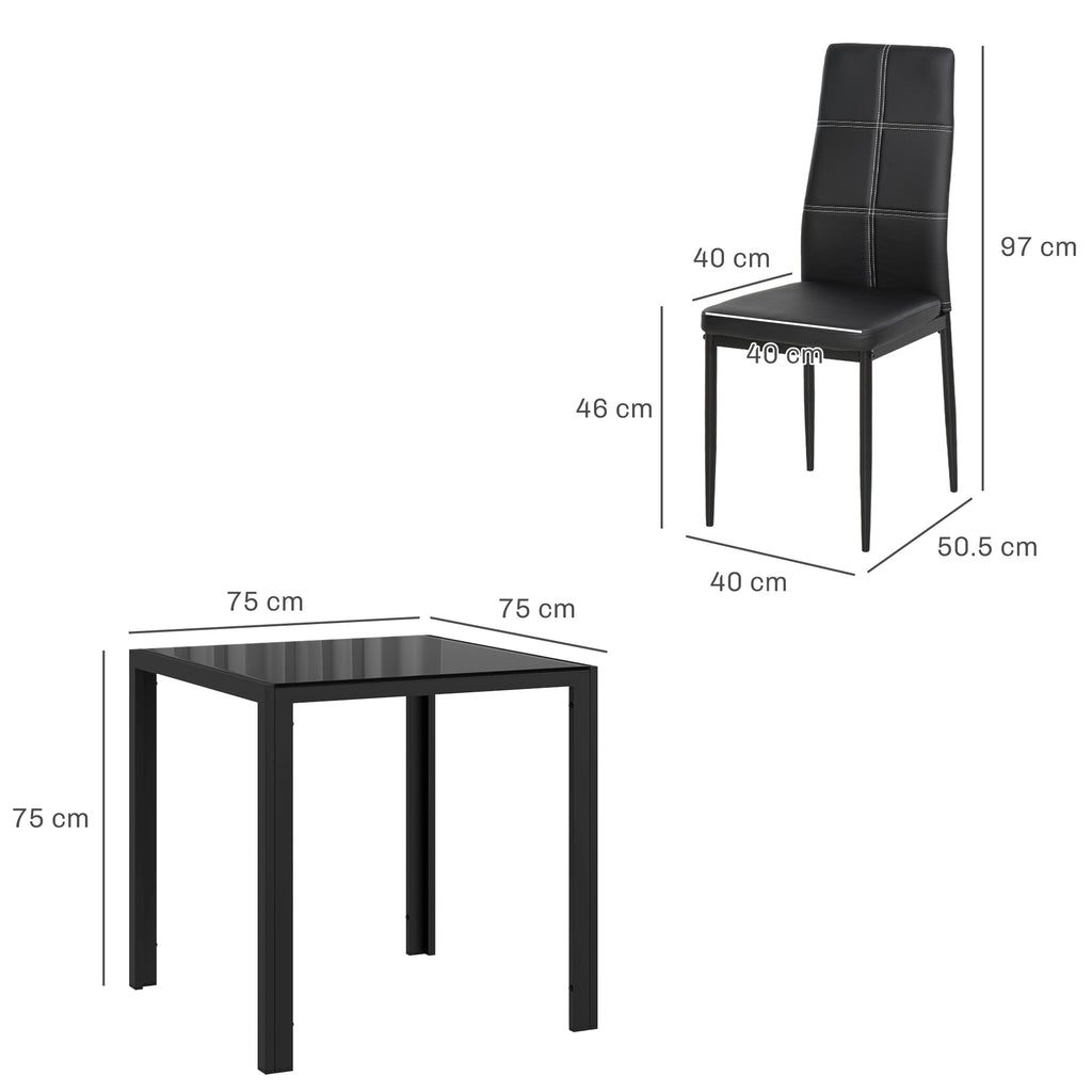 Conjunto Mesa de Jantar e Cadeiras para 2 Pessoas Tampo Retangular de Vidro para Cozinha Sala de Estar Casa Preto — foto 2