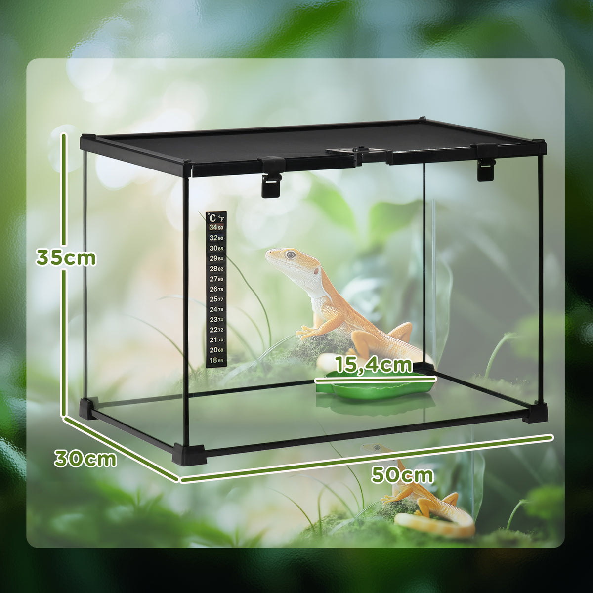 Terrário para Répteis com Tampa Deslizante Tela Metálica Termómetro Incluído Vidro Metal 50x30x35 cm Preto — foto 2