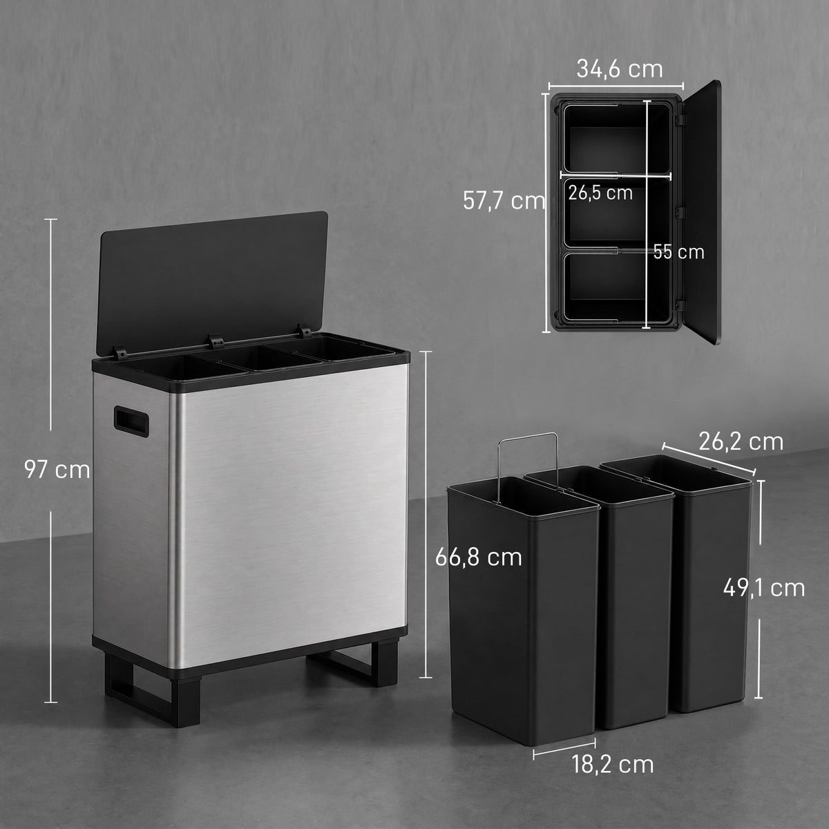 Lixeira Automática com Sensor 54 L 3 Compartimentos Aço Inoxidável Prata — foto 2