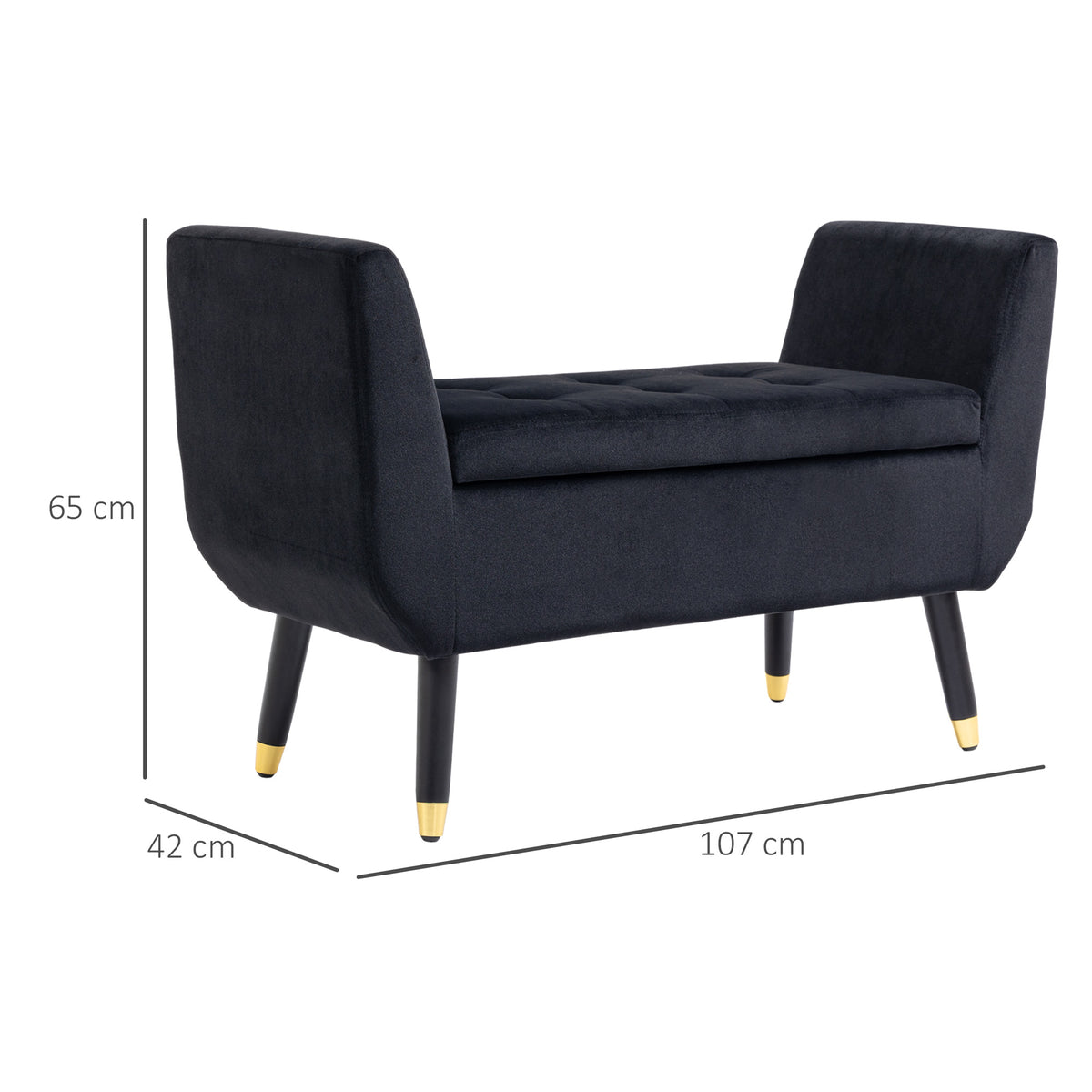 Banco com Armazenamento com Apoios de Braço, Banco Estofado com Acabamento a Veludo, Baú com Pés de Madeira, Banco-Baú para Sala de Estar Quarto Corredor 107 x 42 x 65 cm, Preto — foto 2