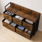 Cómoda de Quarto com 5 Gavetas, Cómoda em Tecido com Tampo de Madeira, Castanho e Preto — imagem 8