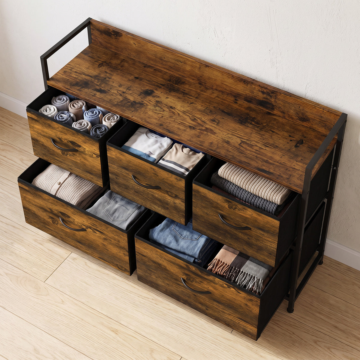 Cómoda de Quarto com 5 Gavetas, Cómoda em Tecido com Tampo de Madeira, Castanho e Preto — imagem 8