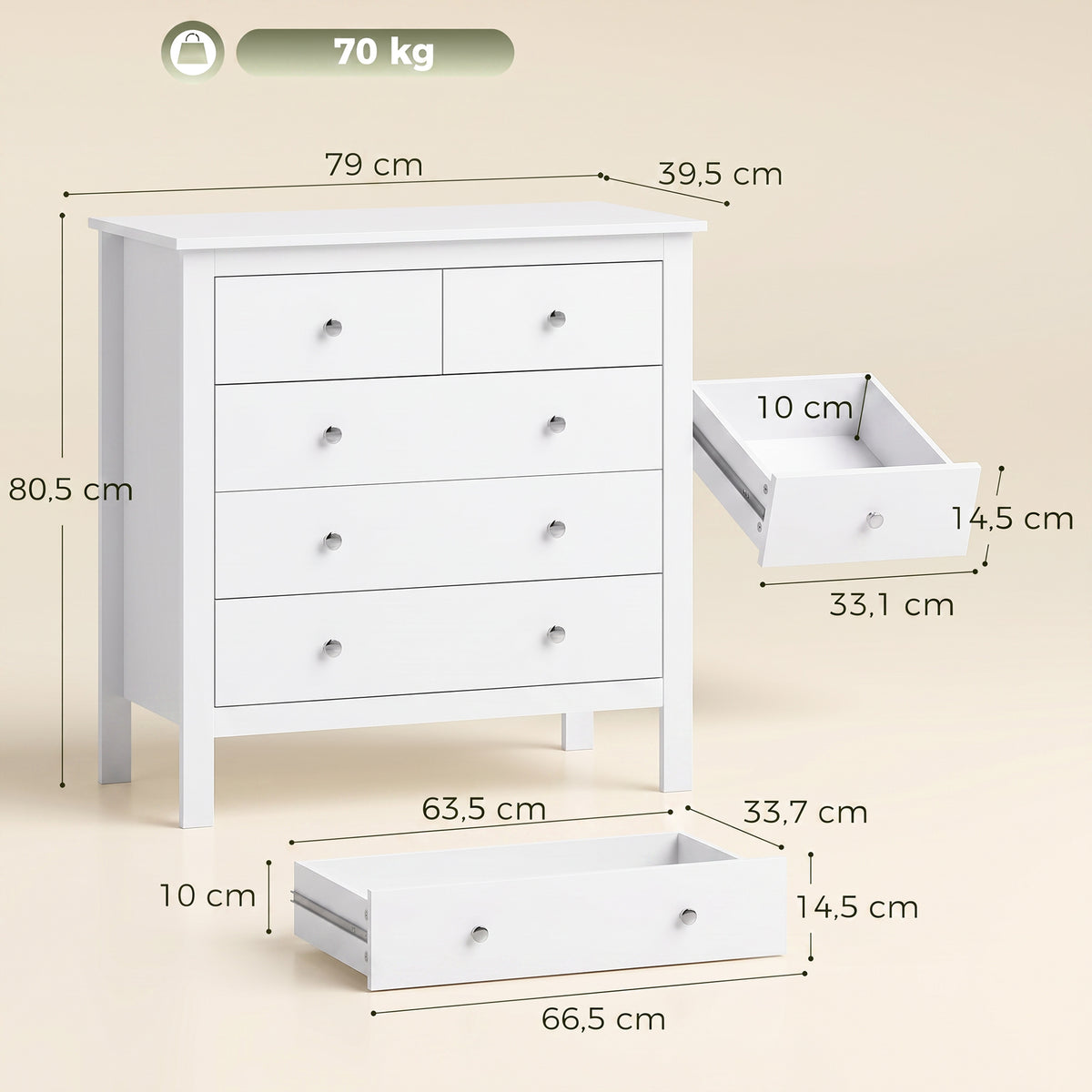 Cómoda de 5 Gavetas Móvel de Armazenamento com Puxadores Trilhos Metálicos em Madeira 79x39,5x80,5 cm Branco — foto 2