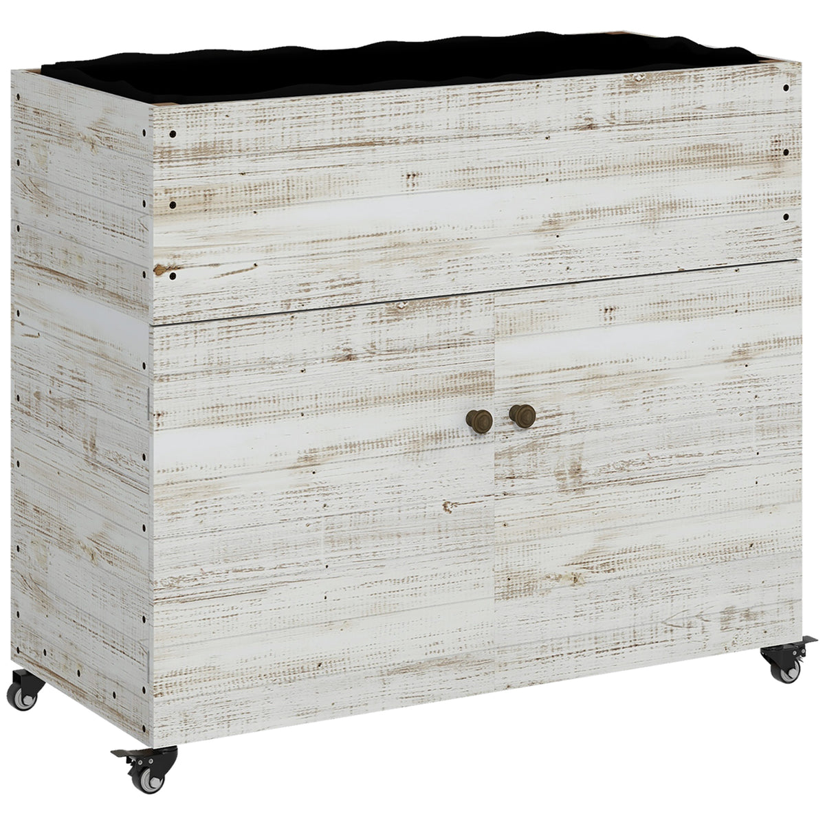 Canteiro elevado com rodízios, compartimento com armário, forro interior, visual envelhecido, 110x50x95 cm, Branco — foto 1