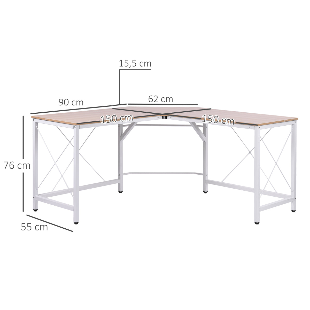 Secretária em Forma de L Secretária para Escritório com Estrutura de Metal Carga 70 kg Secretária de Canto para Escritório Estúdio 150x150x76 cm Madeira e Branco — foto 3