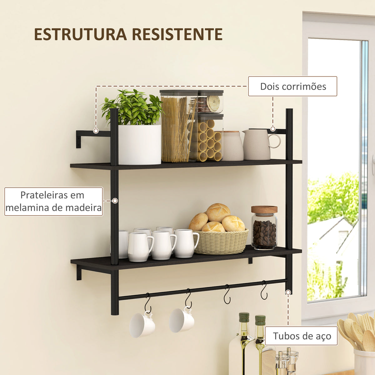 Estante de Parede de 2 Níveis Estante Suspensa Prateleiras de Parede com 4 Ganchos 2 Prateleiras e Estrutura de Metal para Entrada Cozinha Sala de Estar 80x24x65 cm Preto — foto 5