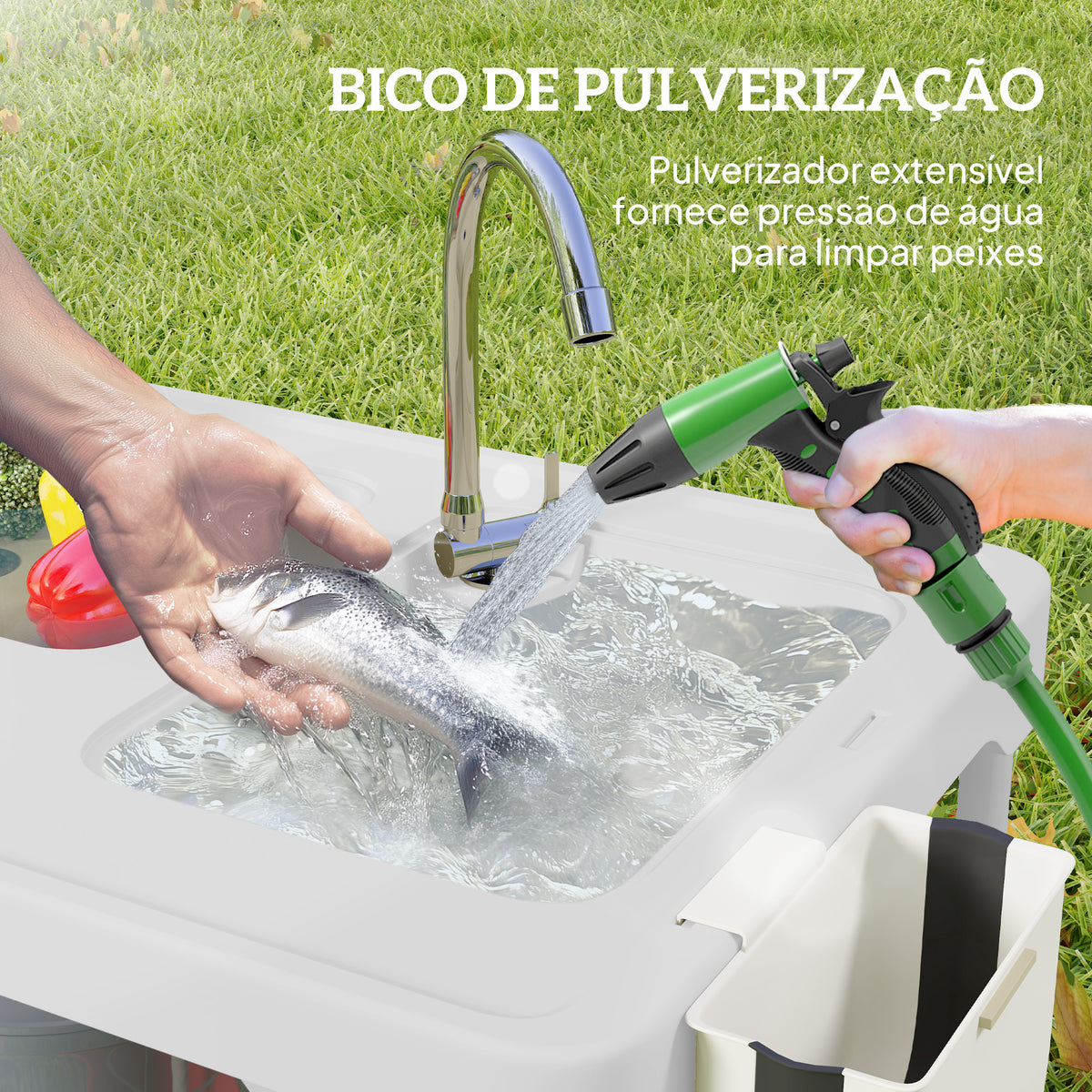 Mesa para Campismo Dobrável Mesa Mesa com 2 Lavatórios Mangueira de Drenagem Estação de Limpeza para Pesca Exterior 108x58x92 cm Branco — foto 5