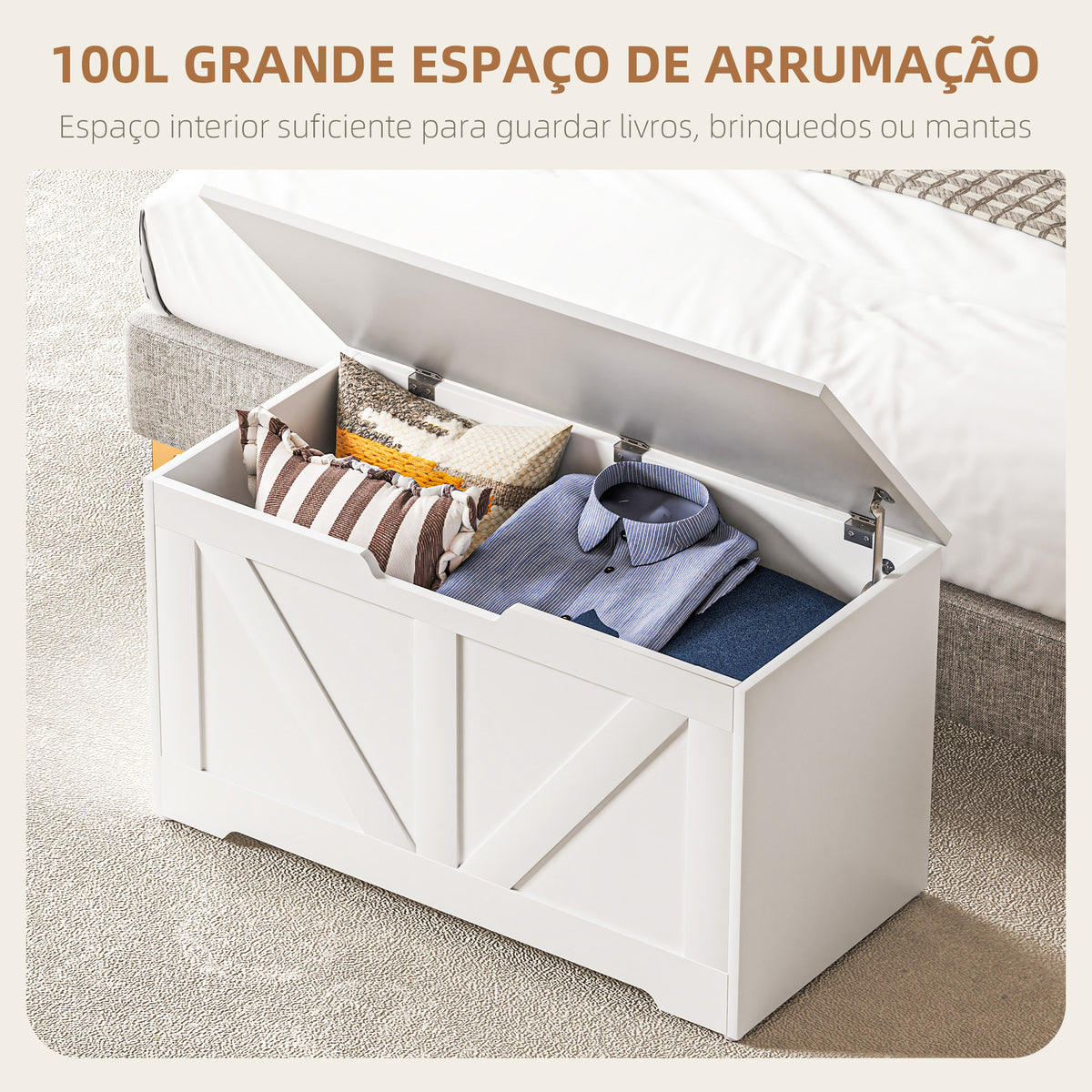 Baú de Armazenamento para Dormitório 100L Baú de Arrumação com Tampa Banco de Armazenagem Versátil com Dobradiça de Segurança para Corredor Sala de Estar 80x40x45 cm Branco — foto 4