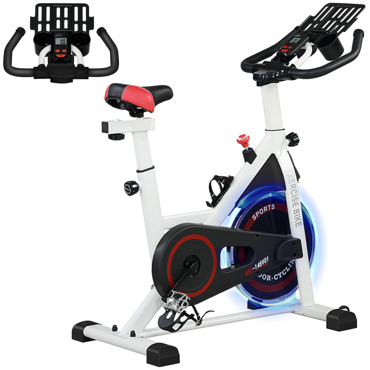 Bicicleta estática com tela LCD Sela ajustável Volante 8 kg Carga 100 kg 103x53x100-114 cm Branco — foto 1