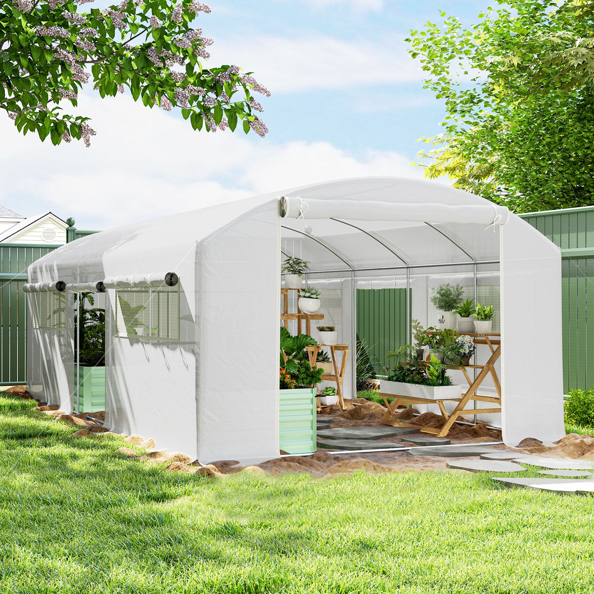Estufa tipo Túnel 6x3x2 m Estufa de Exterior com 4 Janelas de Malha Cobertura de PE Anti UV e 3 Portas Enroláveis com Fecho de Correr Estufa para Jardim Pátio Branco — foto 2