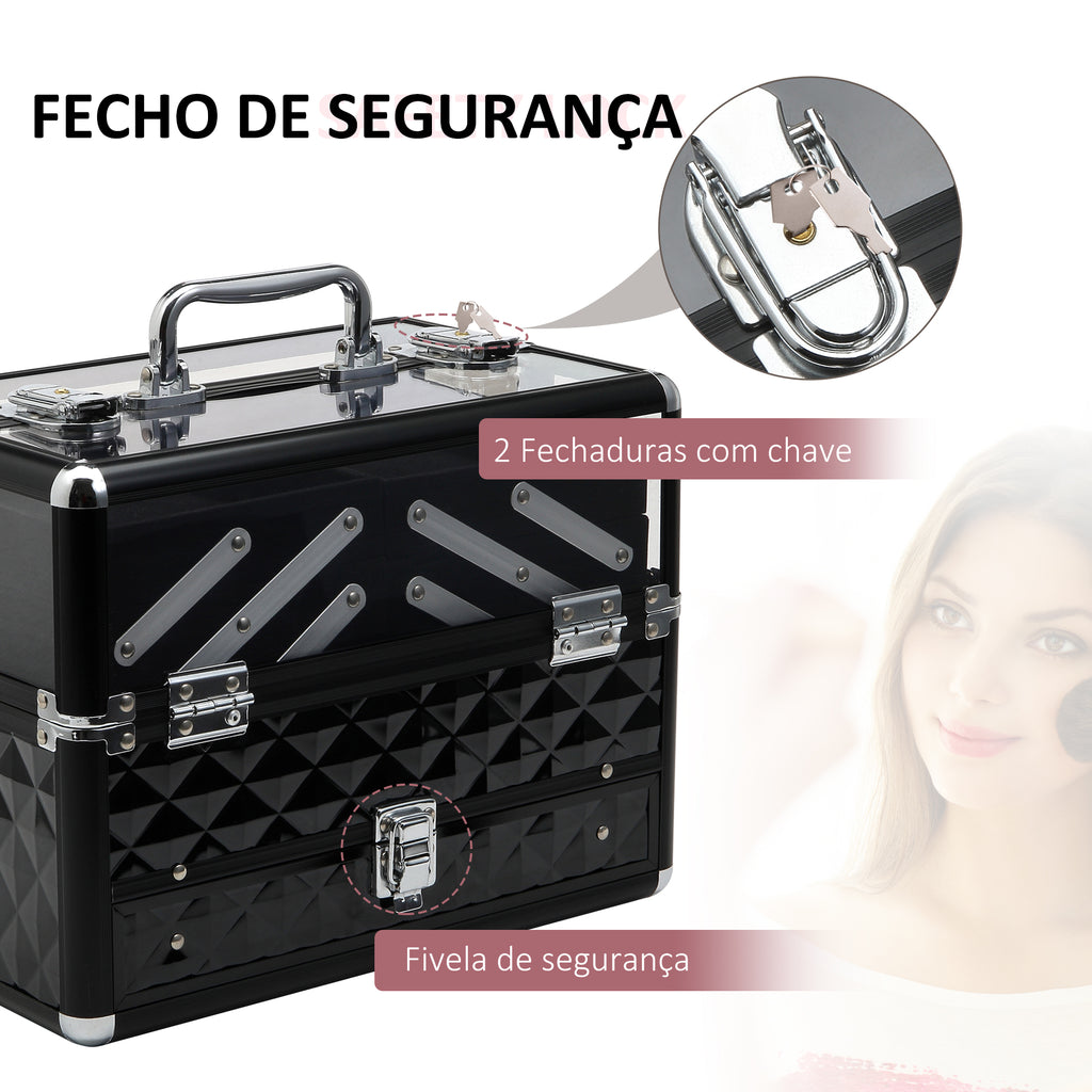Estojo de Maquilhagem Bijuteria Organizador Cosméticos Portátil Múltiplos Níveis com Pega e Bandejas Desdobráveis Liga de Alumínio 30x18,5x22 cm Transparente e Preto — foto 5