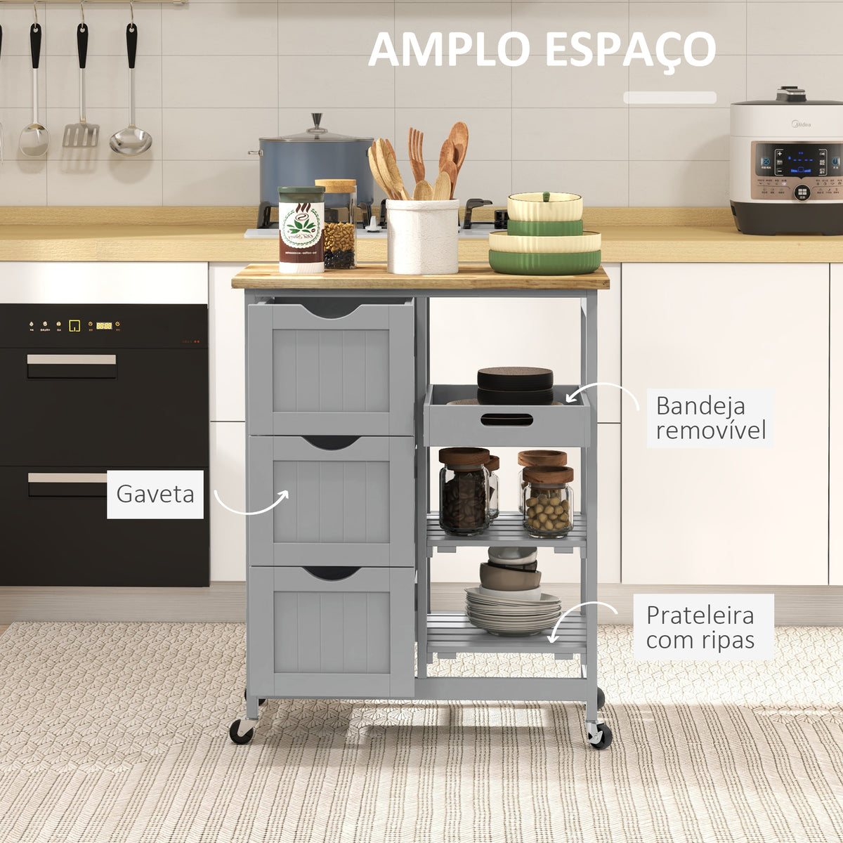 Carrinho de Cozinha com Rodas Carrinho de Serviço Multiuso com 3 Gavetas 2 Prateleiras Abertas e Bandeja para Sala de Jantar Sala de Estar 67x37x85,5 cm Cinzento — foto 4