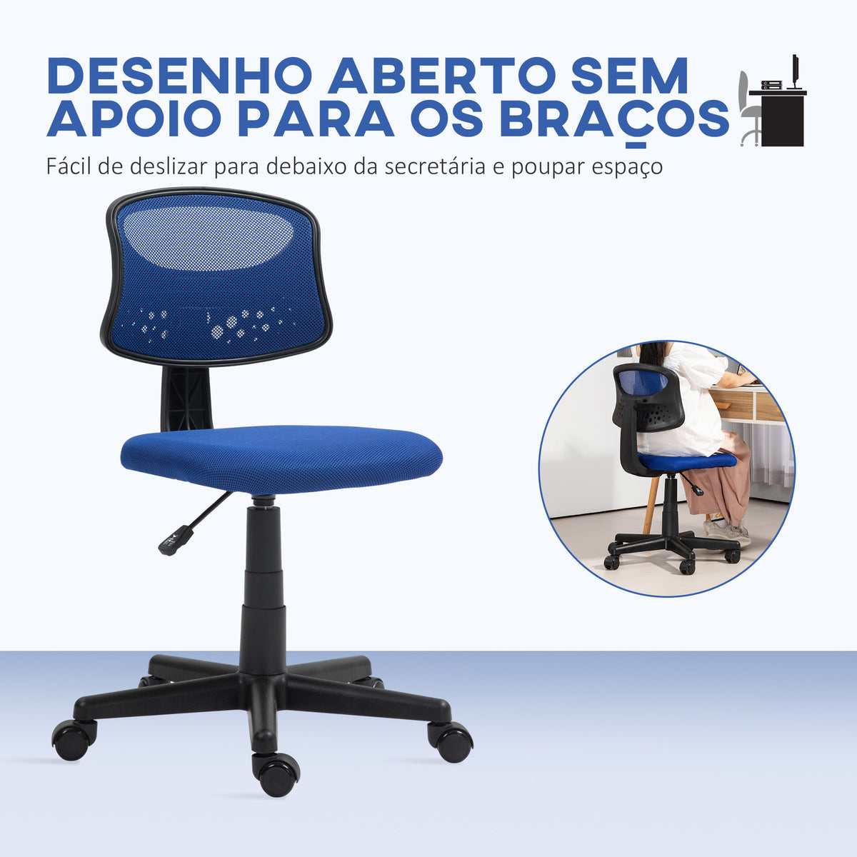 Cadeira de Escritório sem Apoio para os Braços Cadeira de Escritório Giratória com Encosto de Malha Respirável Altura Ajustável Carga 120 kg 43x48x78-88 cm Azul — foto 4
