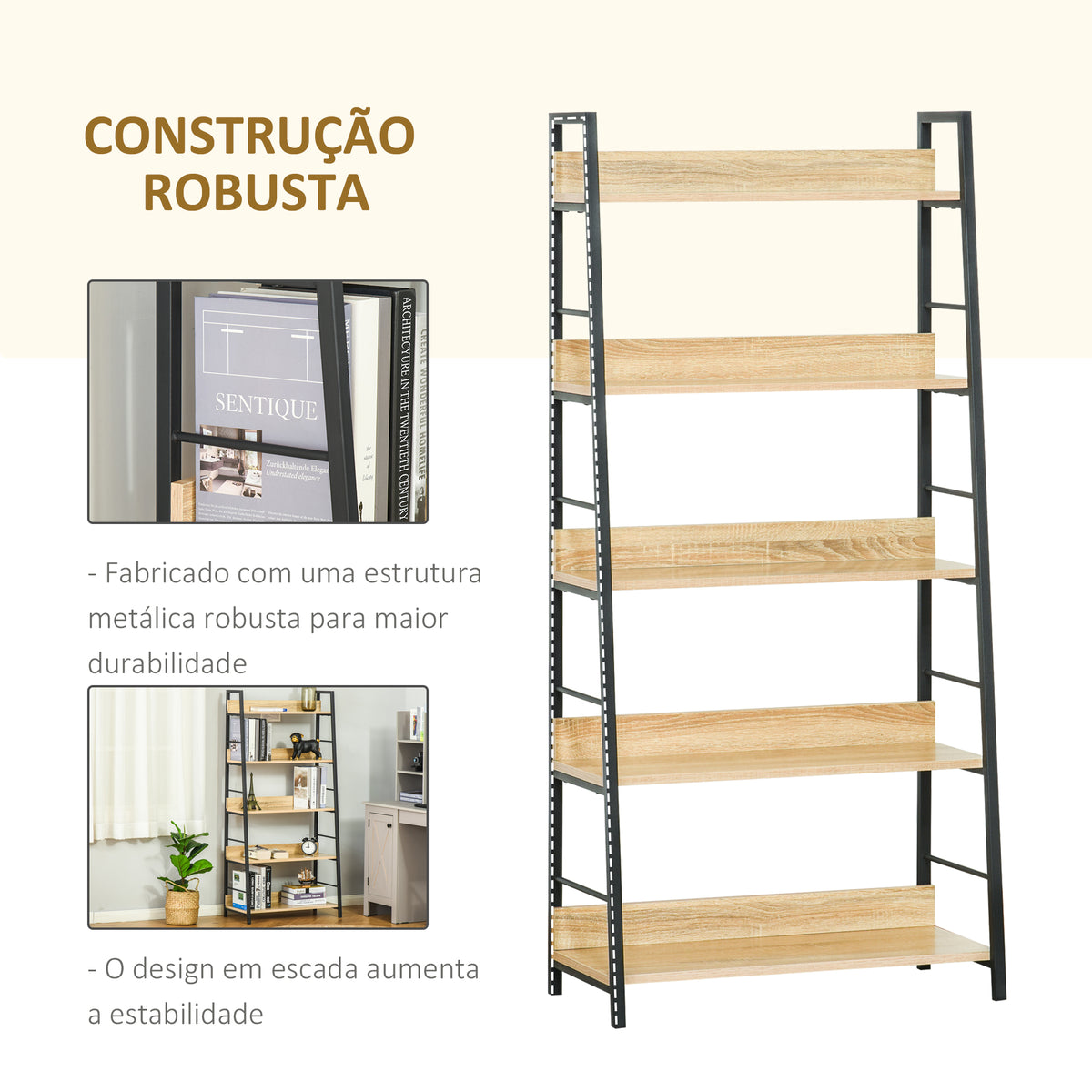 Estante de Estilo Industrial com 5 Níveis Estante de Sala de Estar para Livros com Estrutura de Metal Carga 25 kg para Escritório Estudo 70x35x149,5 cm Natural — foto 5