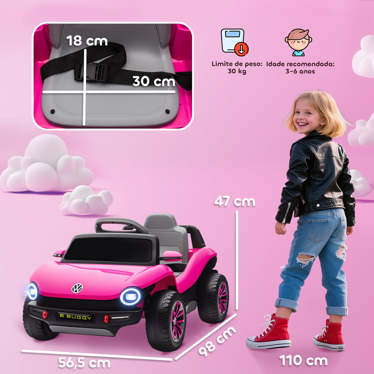 Carro Elétrico para Crianças acima de 3 Anos Volkswagen E-Buggy Bateria 12V com Controlo Remoto 2,4 G Rodas com Suspensão Faróis LED Música USB e Motor Duplo 98x56,5x47 cm Rosa — foto 3