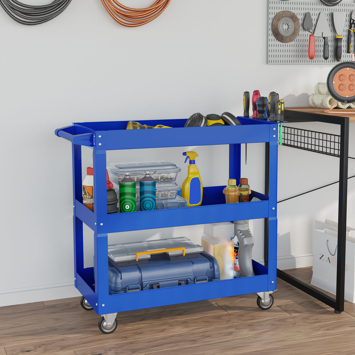 Carrinho de Ferramentas com Rodas Carro de Ferramentas de Oficina de Aço com 3 Prateleiras de Armazenamento e Alça Lateral para Garagem Oficina Carga Máxima 150kg 83x35,3x76 cm Azul — foto 2